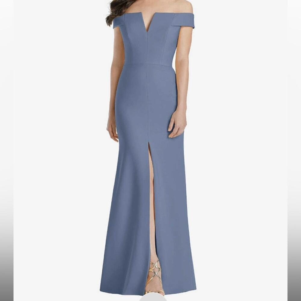 Dessy Collection NWT Off Shoulder Trumpet Gown Front Slit Larkspur Blue Size 0